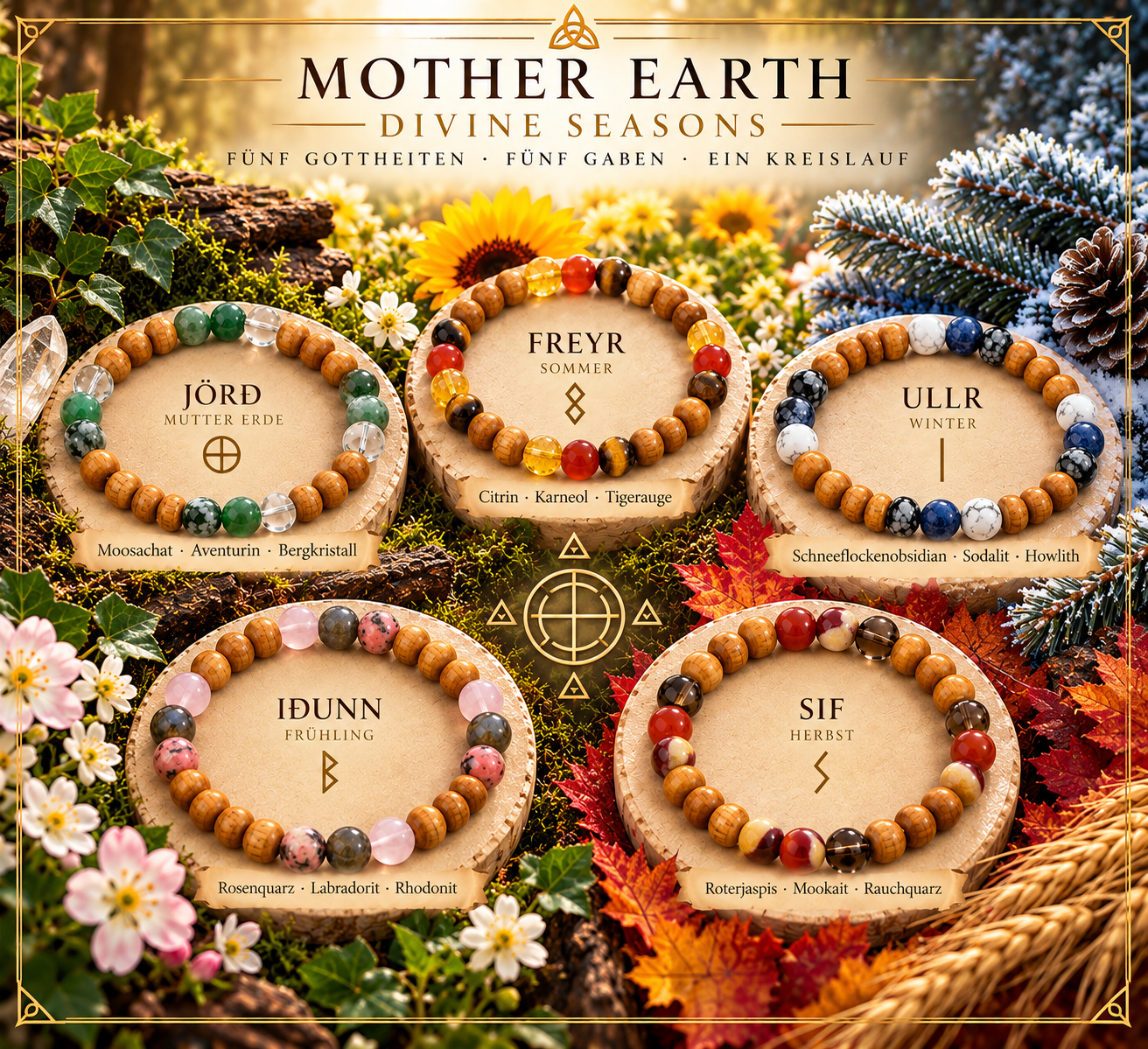 Mother Earth – Divine Seasons: alle fünf Armbänder in einer künstlerischen Darstellung